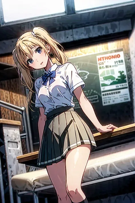 1girl,looking at viewer,school background,,small breasts,blonde,twintails,head tilt,high waist pleated skirt,