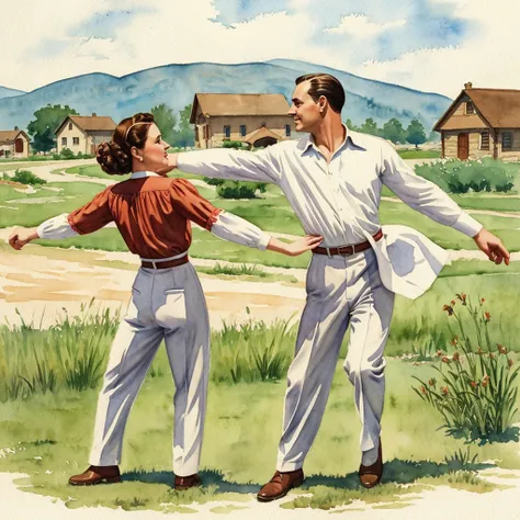 watercolor drawing in Retro-Look, rural saxones village, man and woman dance, full body shot, in the style of classic Americana, white background, Andrew Loomis style, Masterpiece work of art,