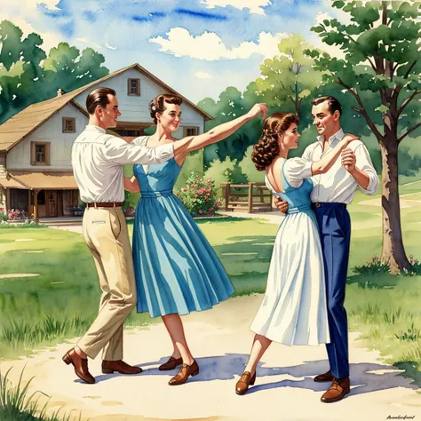 watercolor drawing in Retro-Look, rural saxones village, man and woman dance, full body shot, in the style of classic Americana, white background, Andrew Loomis style, Masterpiece work of art,