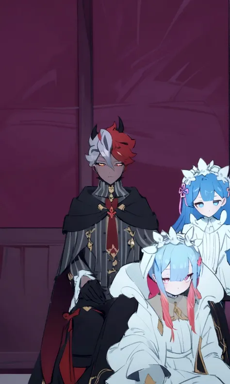 anime characters dressed in costumes sitting on a chair, dapper dream demon, ((wearing aristocrat robe)), he has dark grey hairs, genshin, stylized anime, wearing aristocrat robe, medium shot of two characters, rem rezero, rococo cyberpunk, crimson themed,...