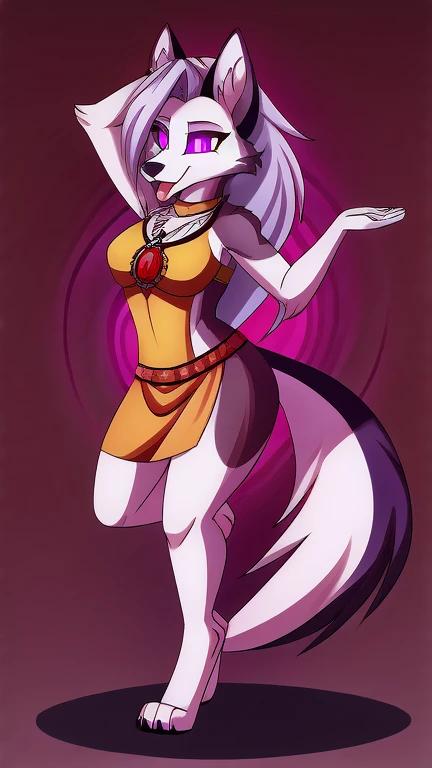 loona hellhound, female wolf, white fur, yellow_tabard, tribal clothes, hypnotized with completely spyral glowing purple eyes wi...