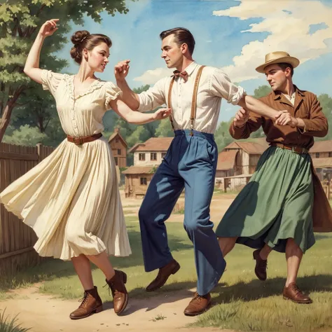 watercolor drawing in Retro-Look, rural saxones village, man and woman dance, full body shot, in the style of classic Americana, white background, Andrew Loomis style, Masterpiece work of art,