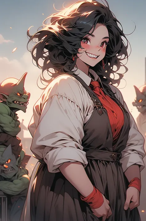 1girl, goblin girl, shortstack, plump, black hair, evil grin, sharp teeth, red skin