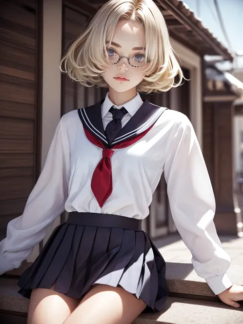 1girl, elegant bearing, small, slender build, short height, narrow shoulders, pale skin dotted by freckles, short platinum blonde hair, (((choppy hair))), (((boyish hair))), (olive eyes), silver glasses, cute facial features with an underlying elegance, th...