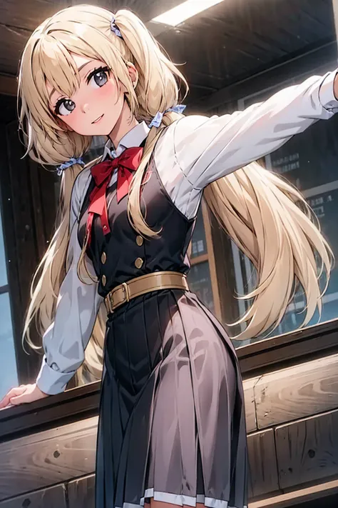 1girl,looking at viewer,school background,,small breasts,blonde,twintails,head tilt,high waist pleated skirt,