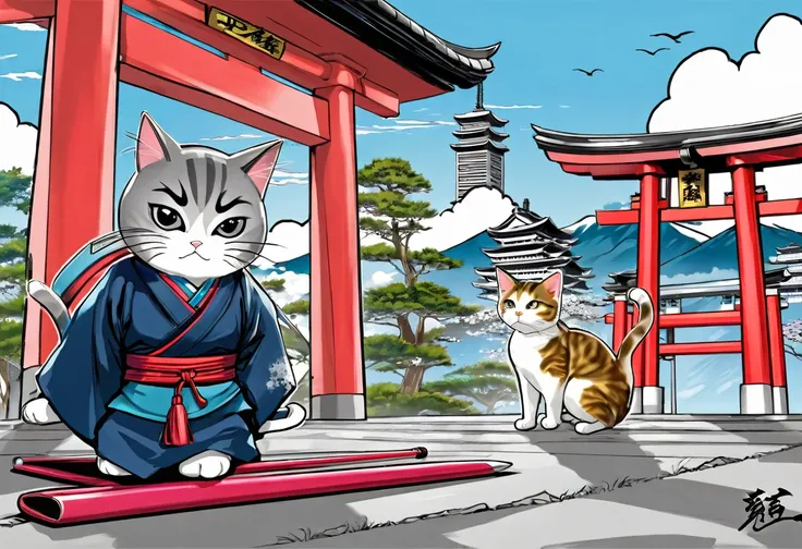 arte em tinta fina, comic style, portrait of japan, and samurai cat, Glamour de Osaka, bela arte de linha, comic style, manga style, manga art style, pencil and ink caricature drawing, coloring, , other positions, corpo inteiro. Japan Background, cat ninja...