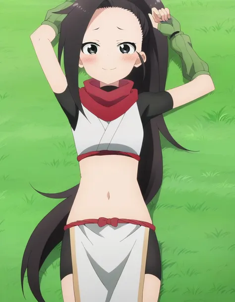  anime coloring, anime screencap, source_anime, anime,uncensored ,BREAK1girl,kunotsubaki, black eyes, black hair, long hair, asymmetrical bangs, forehead, high ponytail, ponytail,shirt, navel, red scarf, scarf short sleeves, pelvic curtain, shorts, green g...