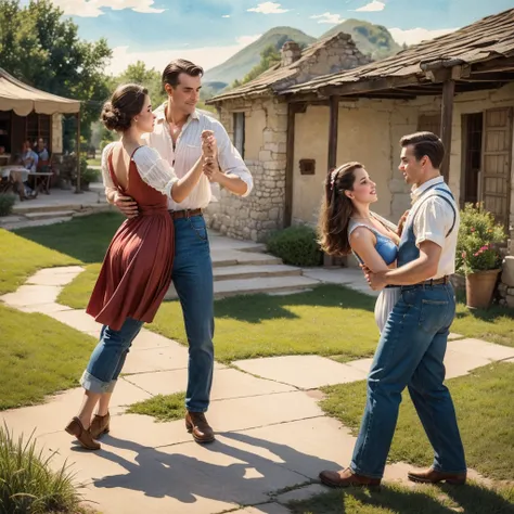 watercolor drawing in Retro-Look, rural saxones village, man and woman dance, full body shot, in the style of classic Americana, white background, Andrew Loomis style, Masterpiece work of art,