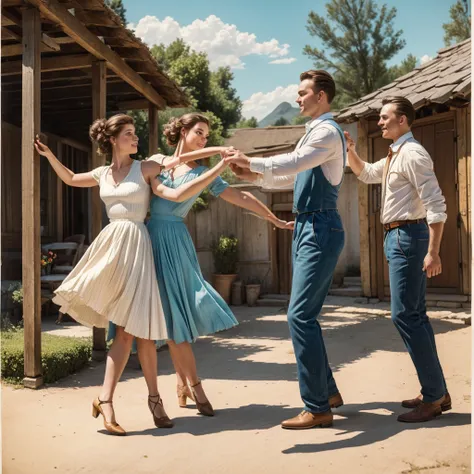 watercolor drawing in Retro-Look, rural saxones village, man and woman dance, full body shot, in the style of classic Americana, white background, Andrew Loomis style, Masterpiece work of art,