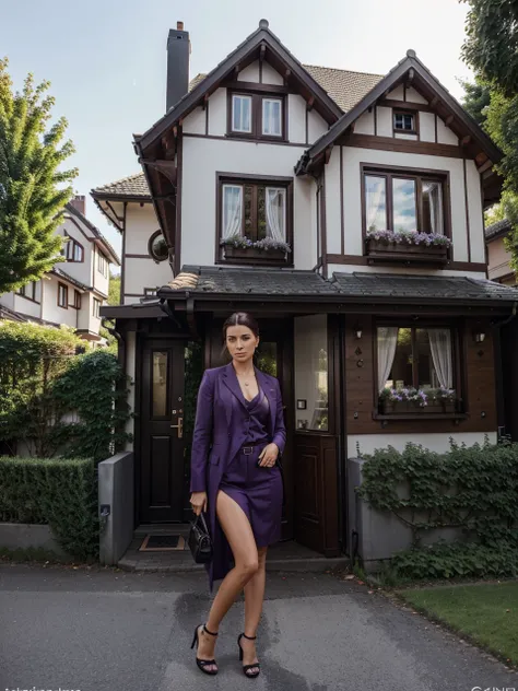 A house in germany with a luxurious purple g-wagon infront of the house. With trees on the street. With this girl infront of it. She is dressed very well(business-casual).