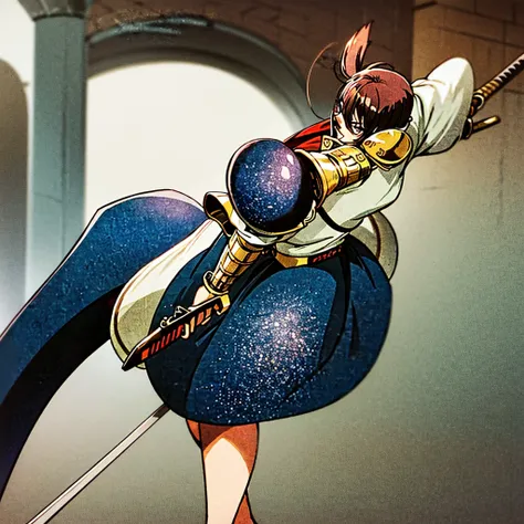 A female swordsman in strong and tall samurai armor with a short broadsword