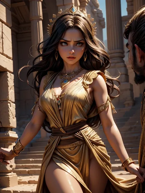 and in the background is a woman with an enigmatic and treacherous look and appearance, wearing an ancient biblical dress. Hyper realistic, cinematic.