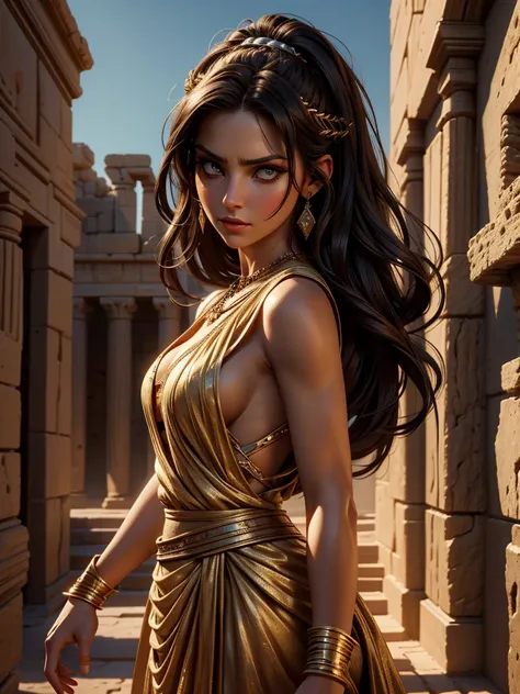 and in the background is a woman with an enigmatic and treacherous look and appearance, wearing an ancient biblical dress. Hyper realistic, cinematic.