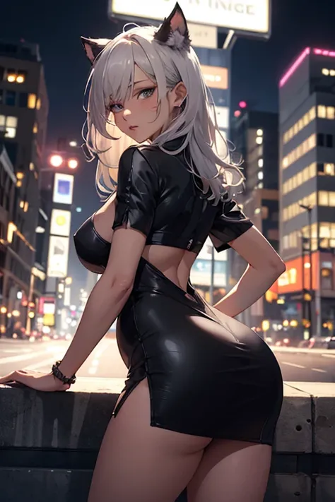 masterpiece, best quality, shadows, perfect hands, perfect legs, perfect anatomy, pretty face, mature features, 1 girl, 21 years old, mature woman, cat girl, sexy black dress, city night background, white long hair, thighs, ass, breast, seductive, spicy, p...