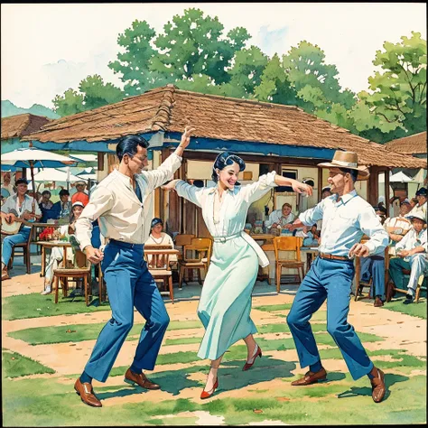 watercolor drawing in Retro-Look, rural saxones village, man and woman dance, full body shot, in the style of classic Americana, white background, Andrew Loomis style, Masterpiece work of art,