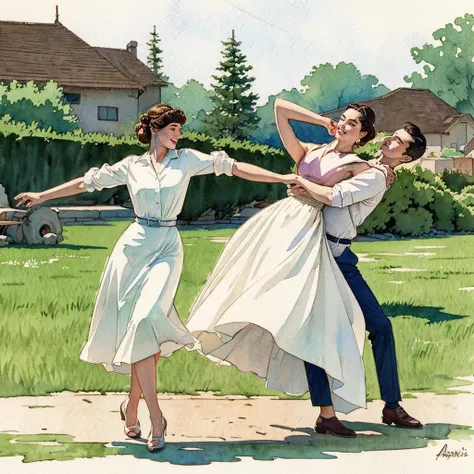 watercolor drawing in Retro-Look, rural saxones village, man and woman dance, full body shot, in the style of classic Americana, white background, Andrew Loomis style, Masterpiece work of art,