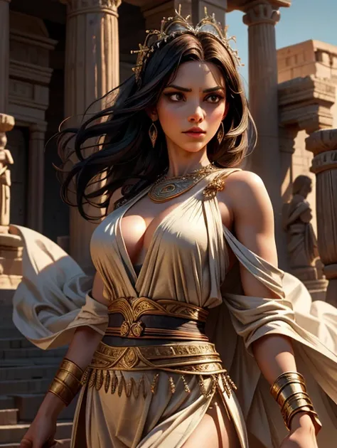 and in the background is a woman with an enigmatic and treacherous look and appearance, wearing an ancient biblical dress. Hyper realistic, cinematic.