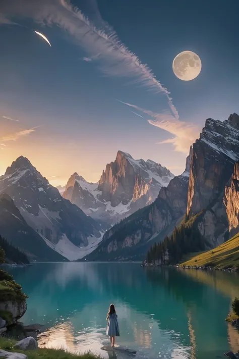 mountains and a lake with a moon in the sky, 4k highly detailed digital art, 4 k hd wallpaper very detailed, impressive fantasy ...