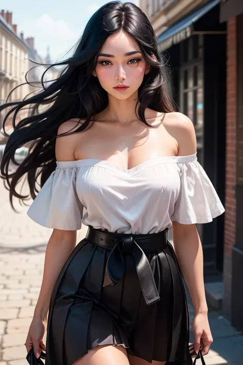 Realistic image:  Make a French woman, with blue eyes and long black hair wearing a white off-the-shoulder cotton dress, with a thin black belt, pleated and voluminous skirt