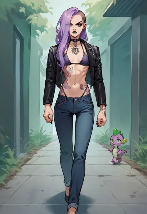 beautyful woman, gothic, tattoos in whole body, slender body, long sidecut hair, lilac hair, long hair, lilac bikini, walking, black spike jacket, black jeans, serious look, black lipstick