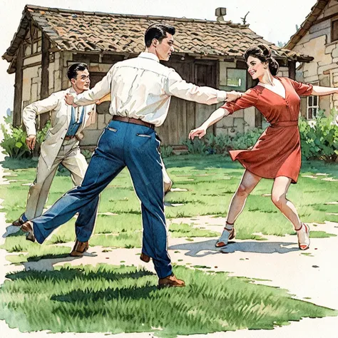 watercolor drawing in Retro-Look, rural saxones village, man and woman dance, full body shot, in the style of classic Americana, white background, Andrew Loomis style, Masterpiece work of art,