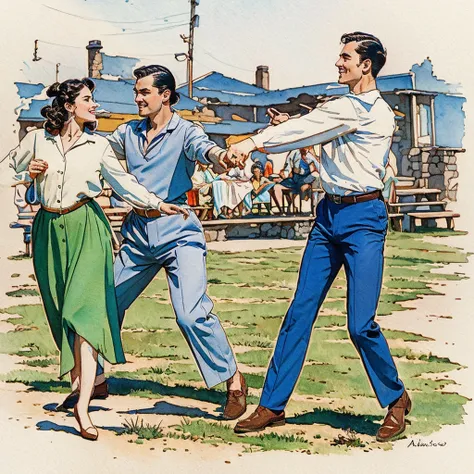 watercolor drawing in Retro-Look, rural saxones village, man and woman dance, full body shot, in the style of classic Americana, white background, Andrew Loomis style, Masterpiece work of art,