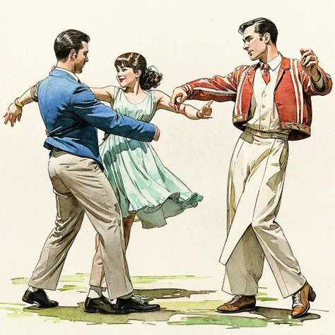 watercolor drawing in Retro-Look, rural saxones village, man and woman dance, full body shot, in the style of classic Americana, white background, Andrew Loomis style, Masterpiece work of art,