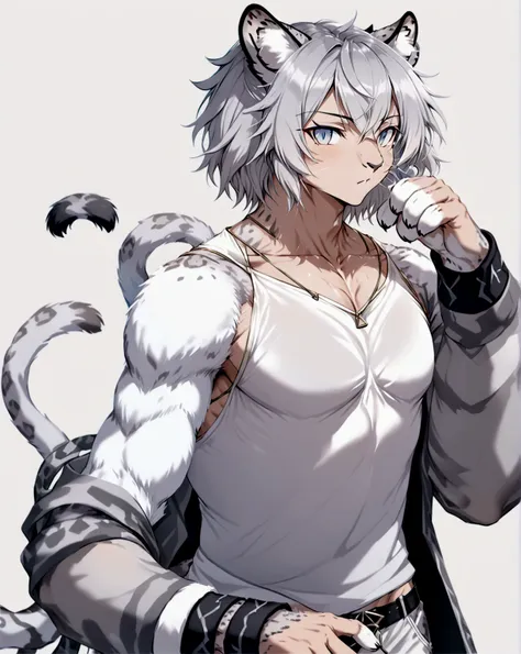 muscular man with snow leopard ears and tail