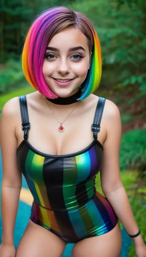 ultrarealistic high quality full body photo of a beautiful busty slim european 18-year-old woman with cute hyperdetailed shy face and dyed rainbow colored bob cut hair and shy smile , realistic round hazel eyes, natural lips, dark eye makeup with eyeliner,...