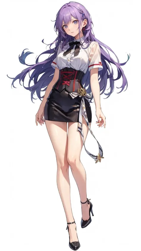 ((perfect face)),purple hair,adult female,white shirt,((shirt with rolled up sleeves)),(((roll up your sleeves))),((corset)),sho...