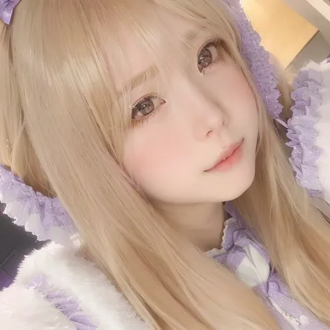 blond haired girl with long hair wearing a purple and white outfit, kemonomimi, shikamimi, belle delphine, cute natural anime face, kawaii realistic portrait, the hime cut, sakimichan, sakura kinomoto, chiho, yami kawaii, nekomimi, cute kawaii girl, lalisa...