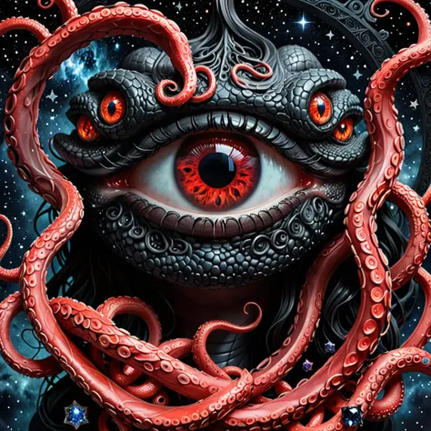 A high-resolution image red and black color. (only one eye:2) of snake intense and piercing, set against a backdrop of tentacles. The (tentacles:1.8) form intricate, complex patterns representing wisdom and the universe. Interspersed among the tentacles ar...