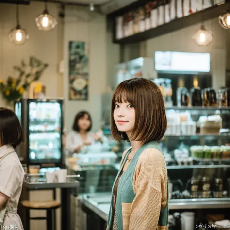 super high quality, Short Hair, Slender, Gravure photoshoot, The staff is working at the counter in the back., (8k、RAW Photos、highest quality、masterpiece:1.2), Japanese Idol, Shaggy, Sportswear, Stylish café, (Realistic、Photorealistic:1.37), Mesh Hair, Nor...