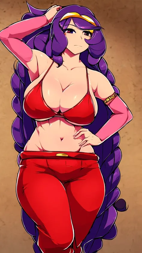  a sexy girl big breast long purple hair wavy braids dresses red belly bra and long red pants happy Arabia