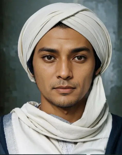 Muslim man, brown skin aged 40 years or over, wearing a shabby cloth robe, cloth turban. Hd realistic photos