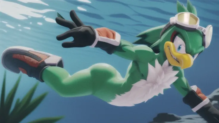 jetthehawk, furry male anthro, bird boy, solo, (best quality), (detailed fluffy feathers:1.1), goggles, muscular, grin, red speedos, swimming underwater, underwater background, 3D Render, colourful, (beautiful), (masterpiece), cinematic CGI screenshot