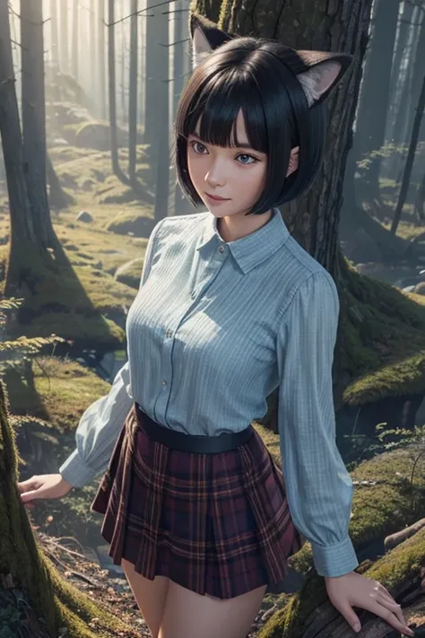 Crayon drawing of a joyful woman from a high angle view, black bob cut hair featuring bangs, glittering blue eyes, donned in a flannel shirt and skirt, spotting the intricate addition of wolf ears, all set against a fantasy forest backdrop, masterful comma...