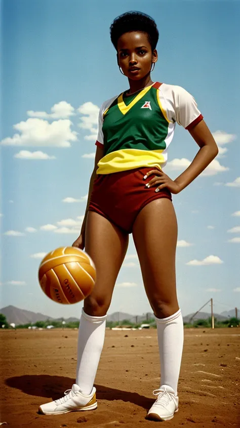 Ethiopian woman in volleyball uniform, full body, standing, 80s style