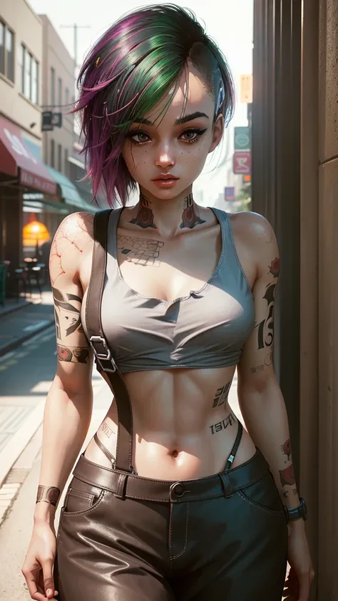 A stunning full color intricate portrait in Ultra-HD, a 24 year old girl, detailed face, ((ultra detailed, masterpiece, best quality)), short multicolored hair, brown eyes, makeup, tattoos, tank top, black pants, full body, epic character composition . . a...