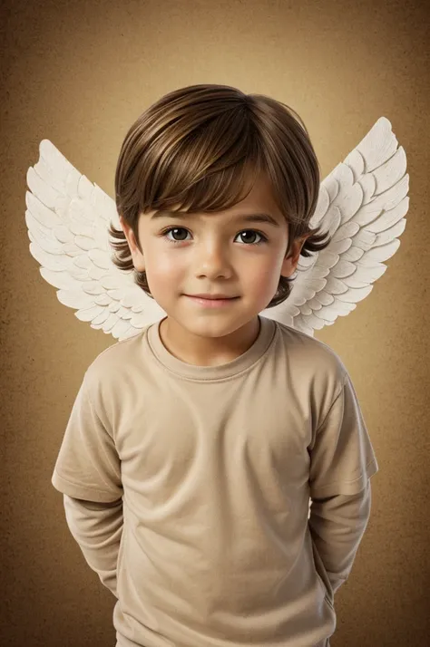 Create an illustration of a little boy angel who is approximately 10 years old and has light brown hair. 