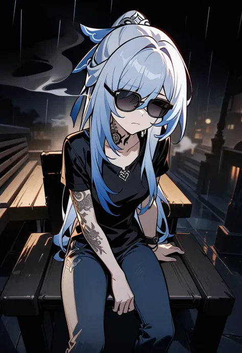 jingliu from honkai star rail,tattoo on the neck and arm,wear black modern T-Short and black modern jeans,sunglasses,Sitting on a bench,smokes a cigarette,cigarette smoke, sad face, depress, night ,rain, (best quality), ultra high res, professional artwork...