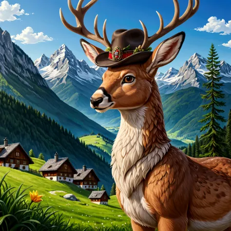 a detailed realistic 4k illustration of a bavarian wilpertinger made of duck, hare and deer, wearing a tyrolean hat, detailed, s...