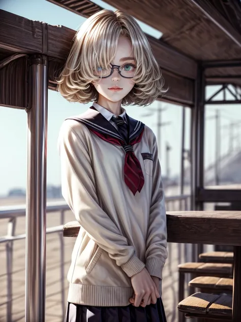 1girl, elegant bearing, small, slender build, short height, narrow shoulders, pale skin dotted by freckles, short platinum blonde hair, (((mop-top hairstyle))), (((boyish hair))), (dark green eyes), silver glasses, cute facial features with an underlying e...