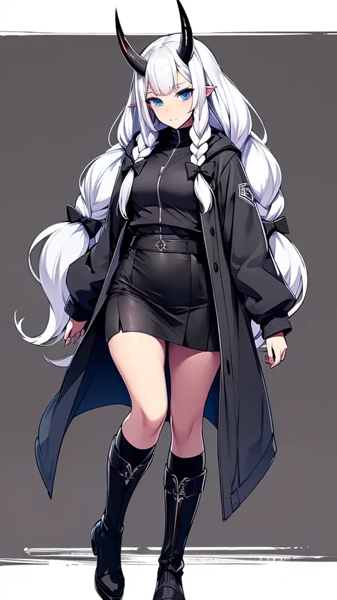  A  girl with long wavy white hair, front, side braids, two long, small black bows, and she is wearing a black demon horn and blue eyes, and she is wearing a gray jacket with a bright blue line and a short metallic black skirt underneath.