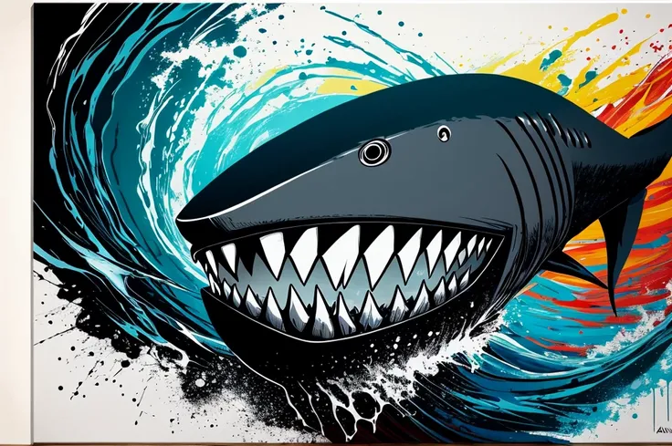 [[(front: attractive young girl looks into the mouth of a shark , Very colorful, Best Improvisation,)((Andrea Solario style))])):20]/[background: landscape (mural on wall: A vector design for a t-shirt, with a black background featuring elements of [[shark...