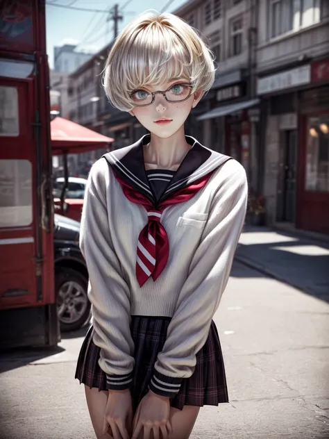 1girl, elegant bearing, small, slender build, short height, narrow shoulders, pale skin dotted by freckles, short platinum blonde hair, (((pixie cut hairstyle))), (((boyish hair))), (dark green eyes), silver glasses, cute facial features with an underlying...