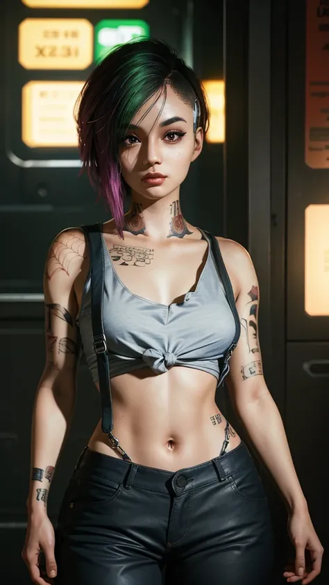 A stunning full color intricate portrait in Ultra-HD, a 24 year old girl, detailed face, ((ultra detailed, masterpiece, best quality)), short multicolored hair, brown eyes, makeup, tattoos, tank top, black pants, full body, epic character composition . . a...