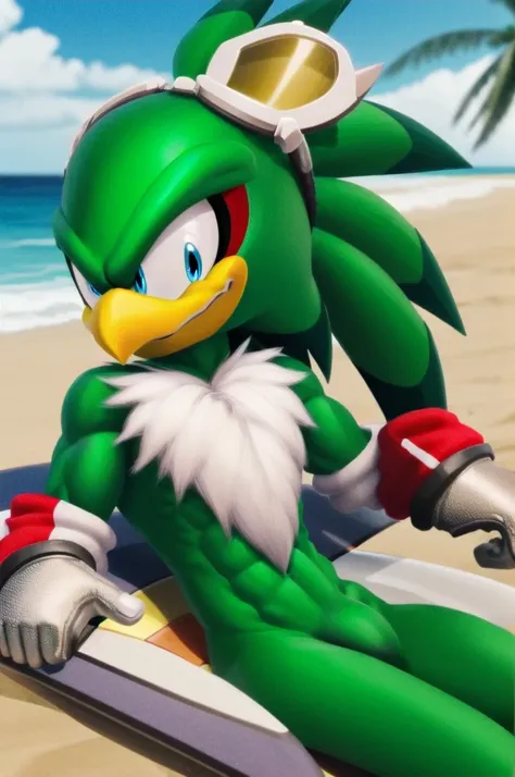 jetthehawk, furry male anthro, bird boy, solo, (best quality), (detailed fluffy feathers:1.1), goggles, muscular, grin, red speedos, beach, bulge, 3D Render, colourful, (beautiful), (masterpiece), cinematic CGI screenshot