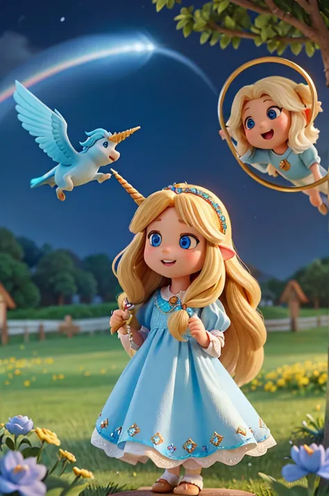 a with long golden hair, sparkling blue eyes in a light blue nightgown, around her, she sees extraordinary creatures: unicorns galloping free, birds with rainbow-colored feathers singing enchanting melodies and little gnomes working in the fields, hair blo...