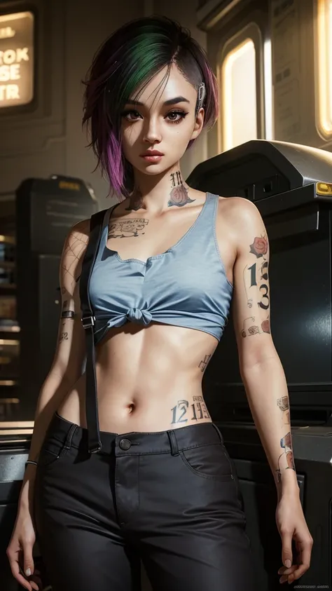 A stunning full color intricate portrait in Ultra-HD, a 24 year old girl, detailed face, ((ultra detailed, masterpiece, best quality)), short multicolored hair, brown eyes, makeup, tattoos, tank top, black pants, full body, epic character composition . . a...